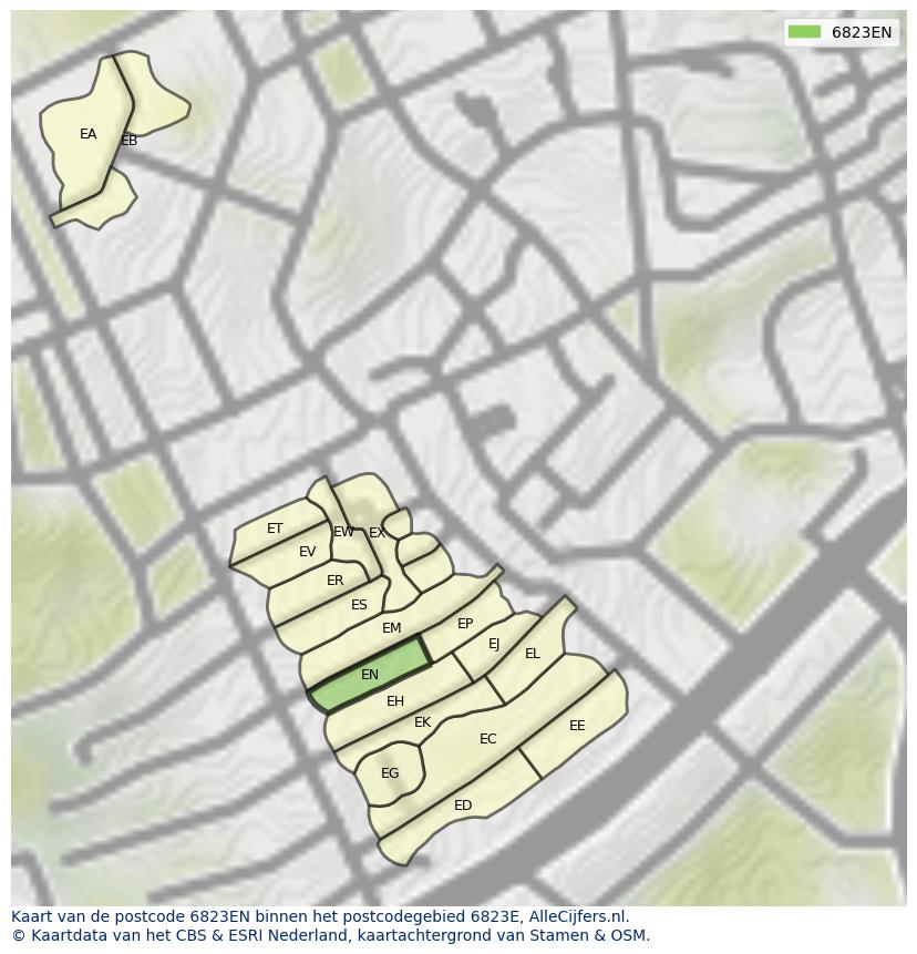 Afbeelding van het postcodegebied 6823 EN op de kaart.