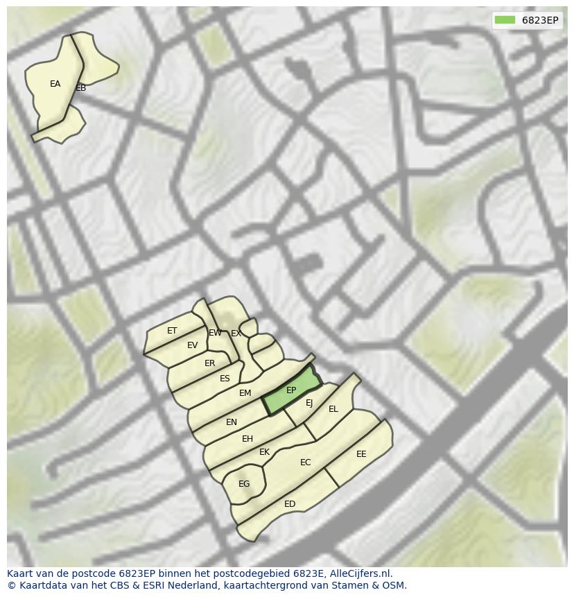 Afbeelding van het postcodegebied 6823 EP op de kaart.