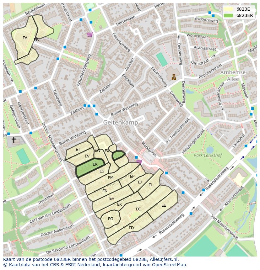 Afbeelding van het postcodegebied 6823 ER op de kaart.