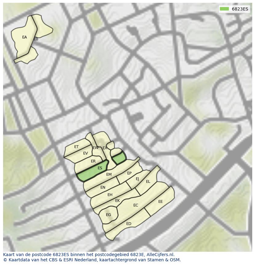 Afbeelding van het postcodegebied 6823 ES op de kaart.