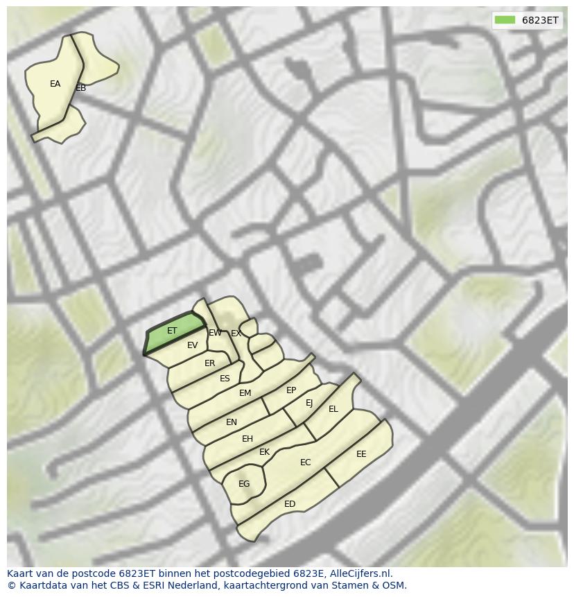 Afbeelding van het postcodegebied 6823 ET op de kaart.