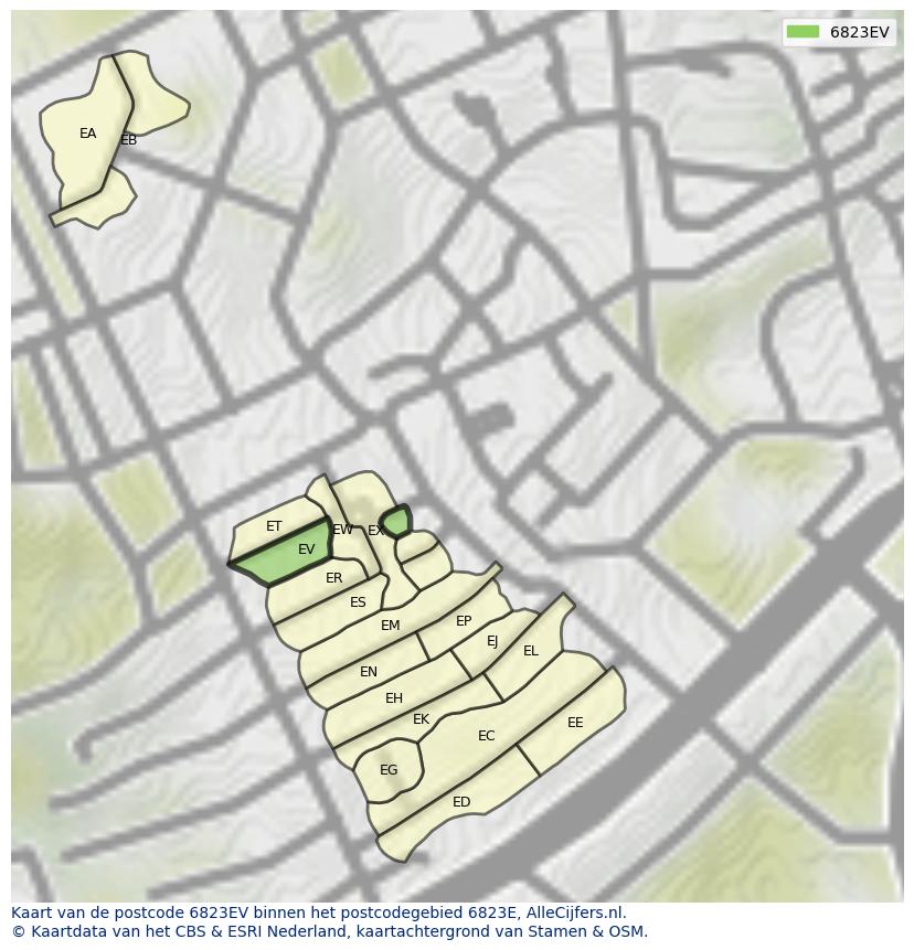 Afbeelding van het postcodegebied 6823 EV op de kaart.