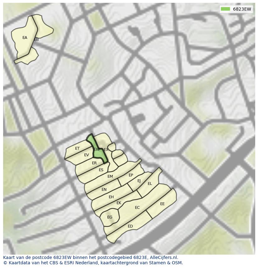 Afbeelding van het postcodegebied 6823 EW op de kaart.