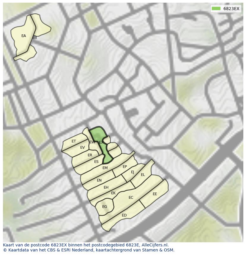 Afbeelding van het postcodegebied 6823 EX op de kaart.