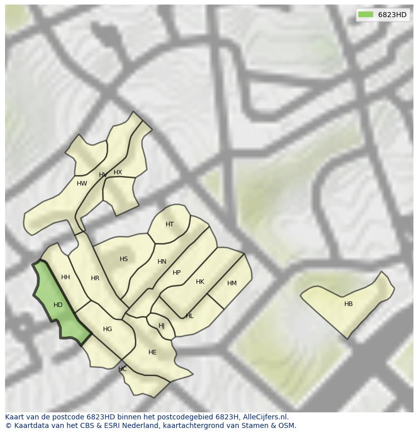 Afbeelding van het postcodegebied 6823 HD op de kaart.