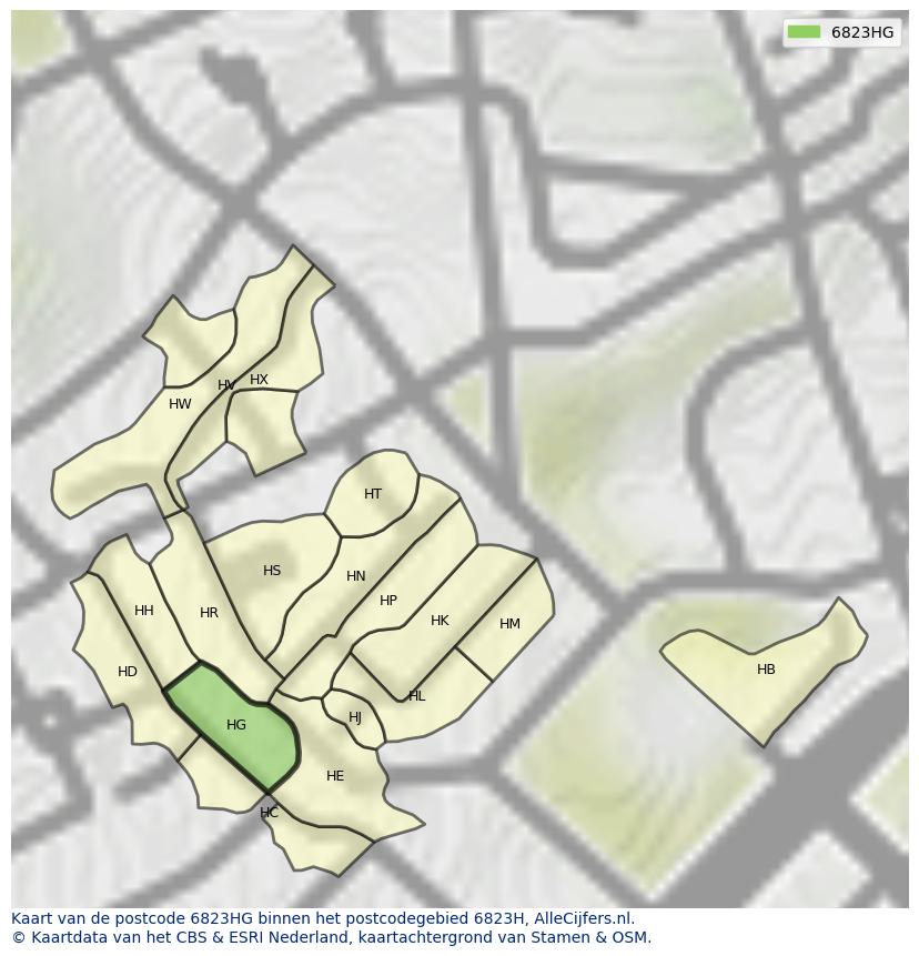 Afbeelding van het postcodegebied 6823 HG op de kaart.