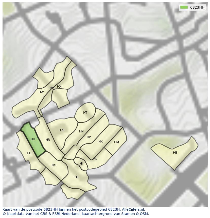 Afbeelding van het postcodegebied 6823 HH op de kaart.
