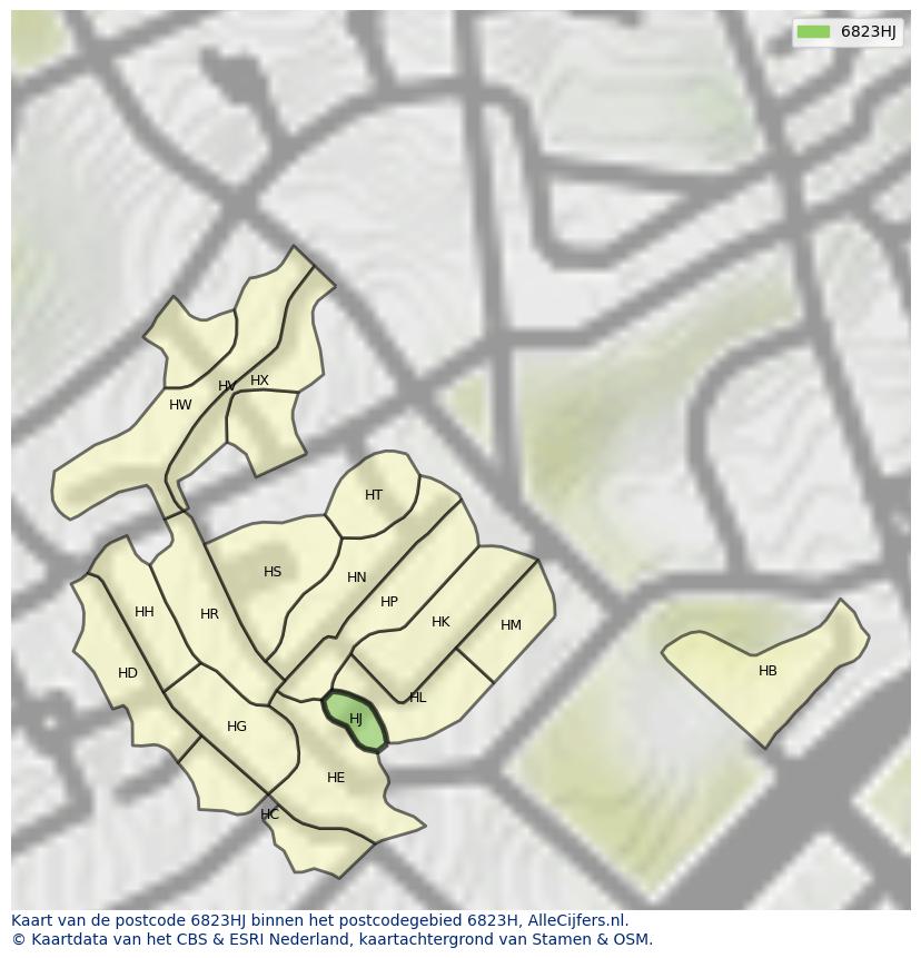 Afbeelding van het postcodegebied 6823 HJ op de kaart.