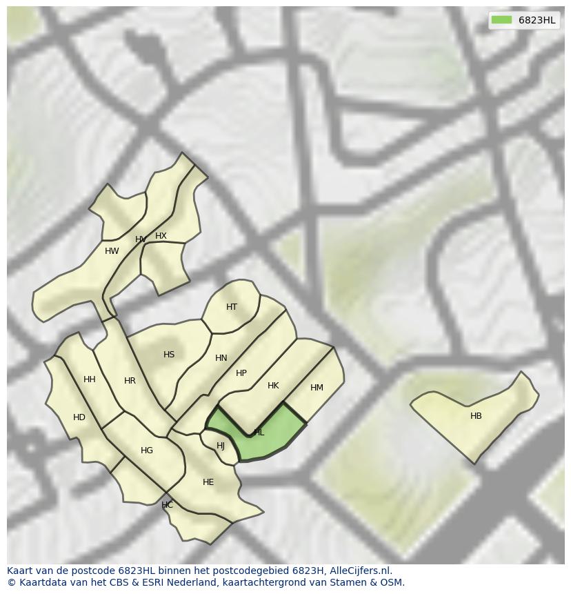 Afbeelding van het postcodegebied 6823 HL op de kaart.