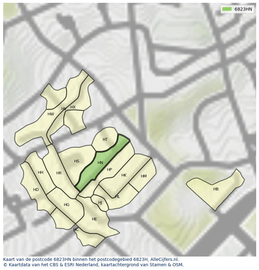 Afbeelding van het postcodegebied 6823 HN op de kaart.