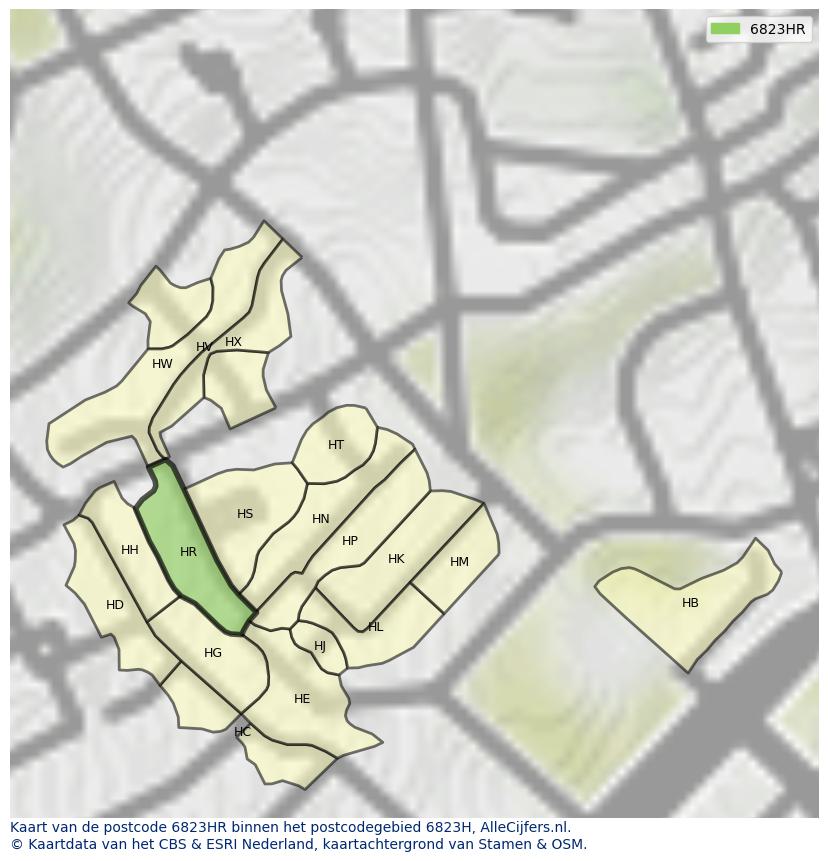 Afbeelding van het postcodegebied 6823 HR op de kaart.