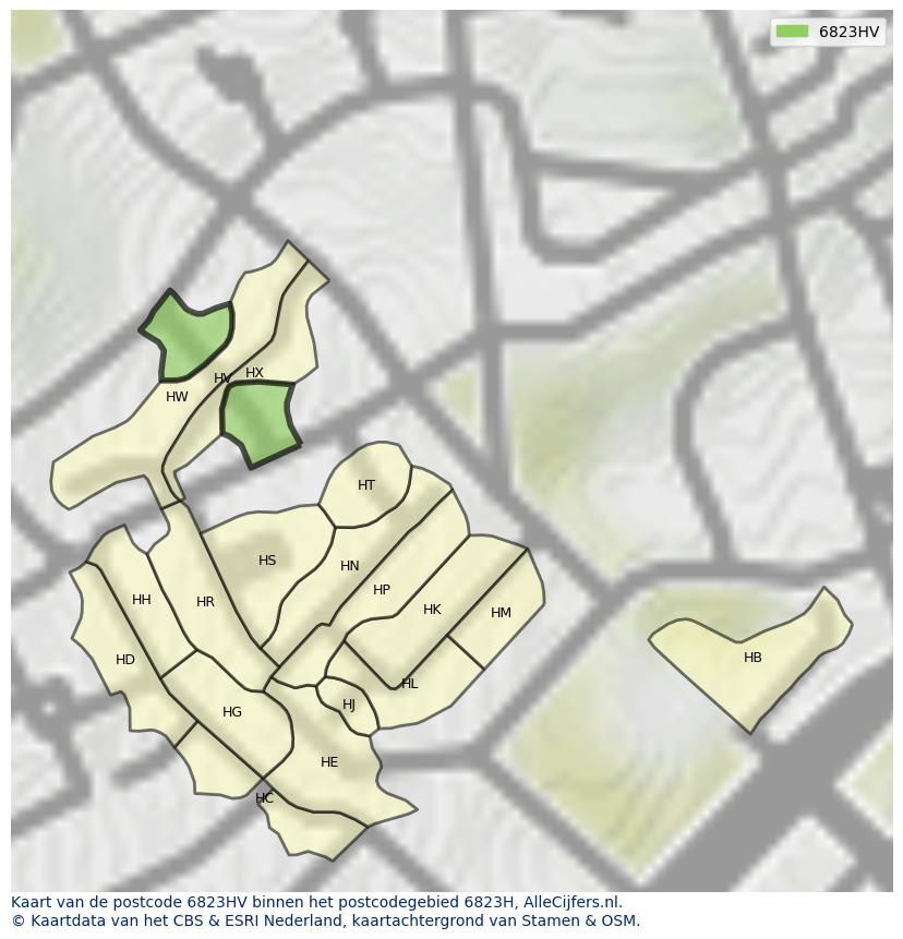 Afbeelding van het postcodegebied 6823 HV op de kaart.
