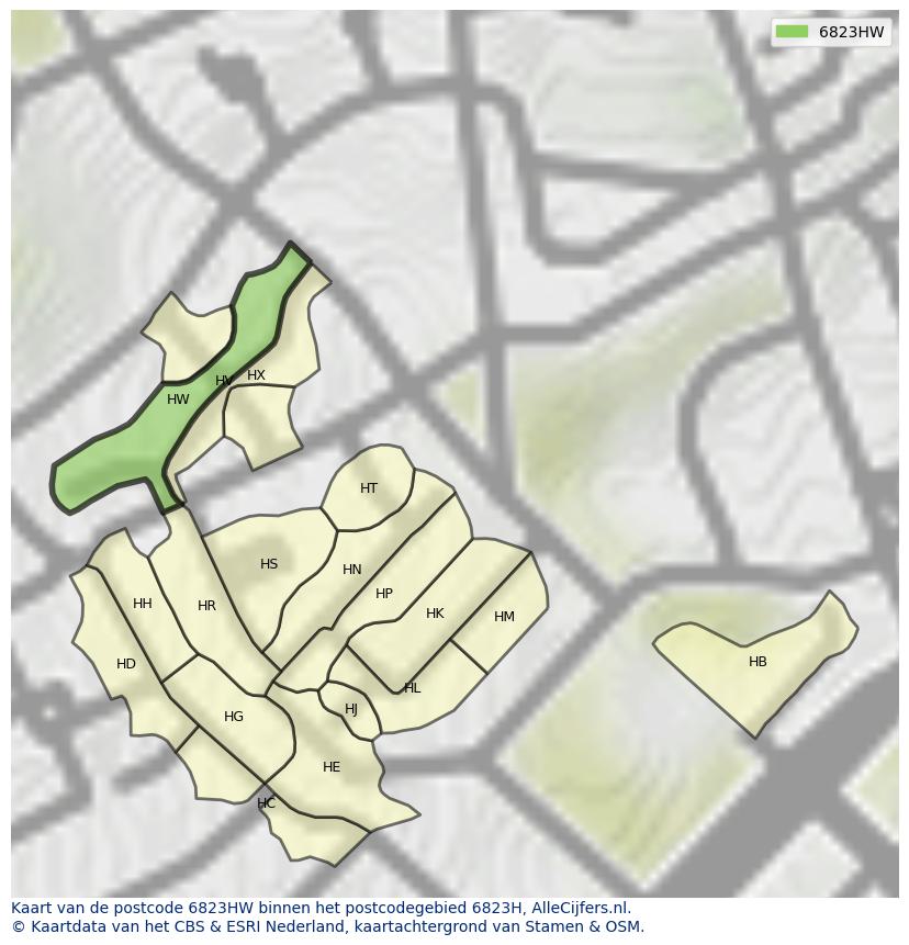 Afbeelding van het postcodegebied 6823 HW op de kaart.