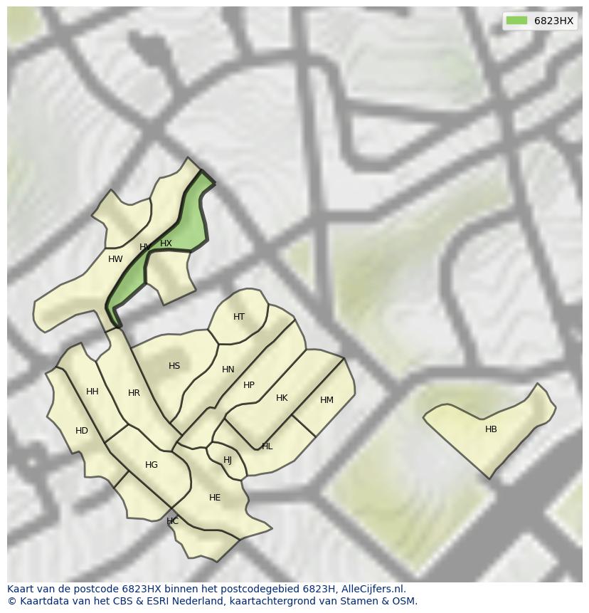 Afbeelding van het postcodegebied 6823 HX op de kaart.