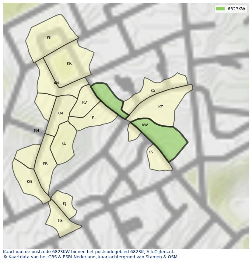 Afbeelding van het postcodegebied 6823 KW op de kaart.