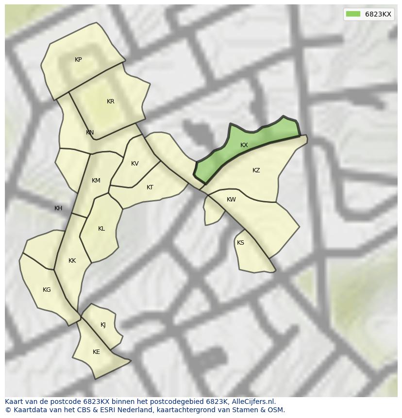 Afbeelding van het postcodegebied 6823 KX op de kaart.