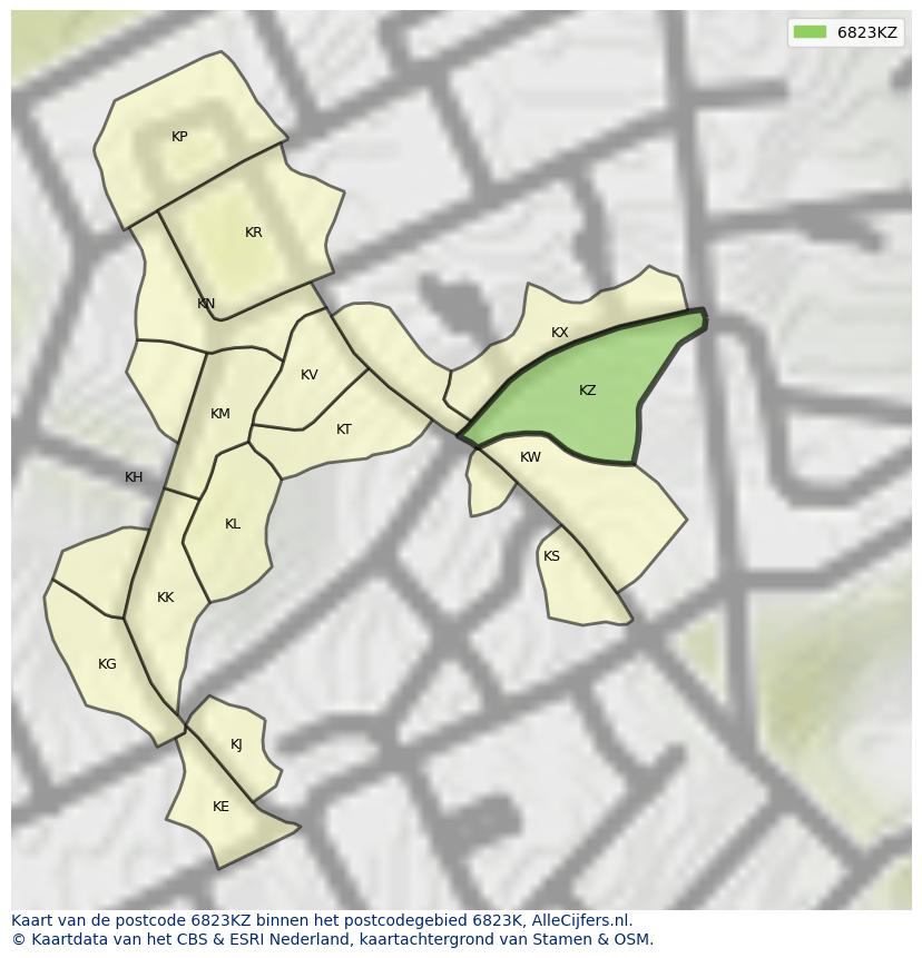 Afbeelding van het postcodegebied 6823 KZ op de kaart.