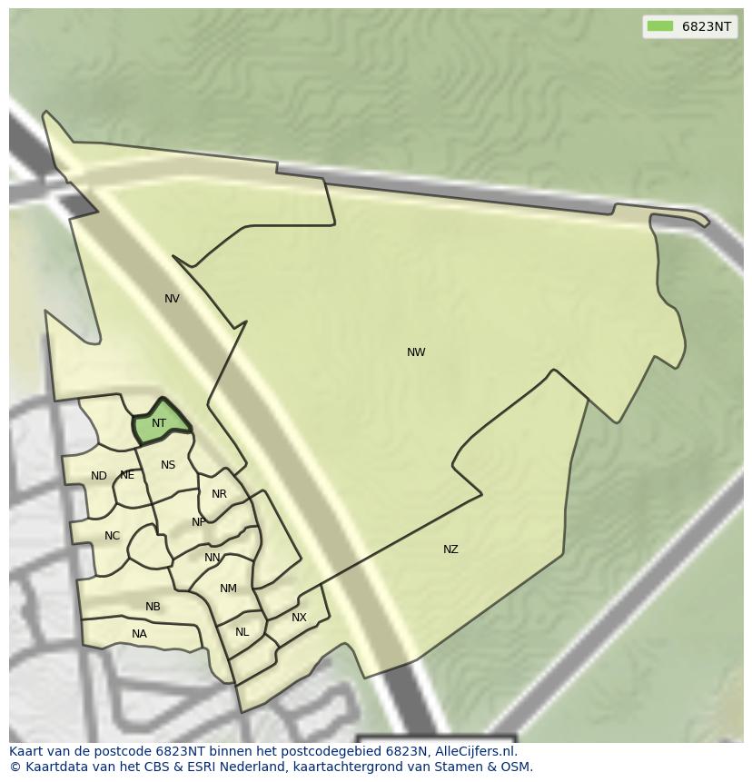 Afbeelding van het postcodegebied 6823 NT op de kaart.