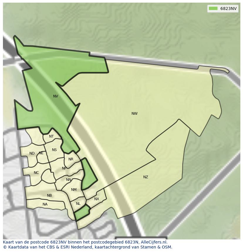 Afbeelding van het postcodegebied 6823 NV op de kaart.