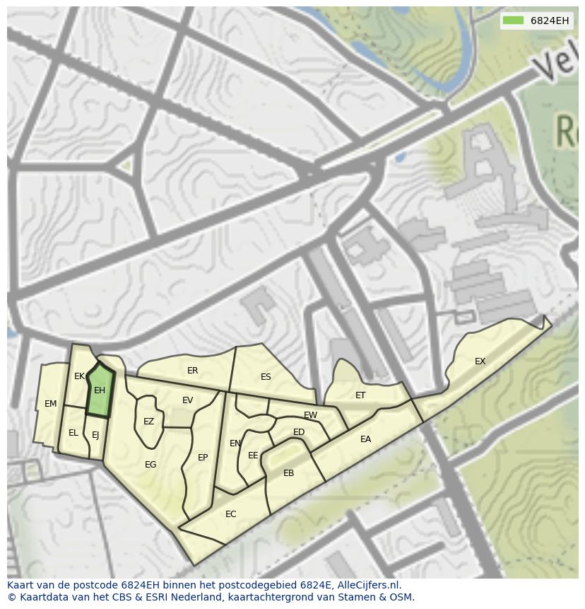 Afbeelding van het postcodegebied 6824 EH op de kaart.