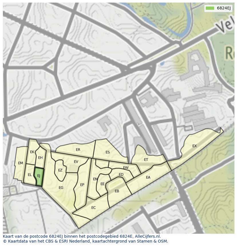 Afbeelding van het postcodegebied 6824 EJ op de kaart.