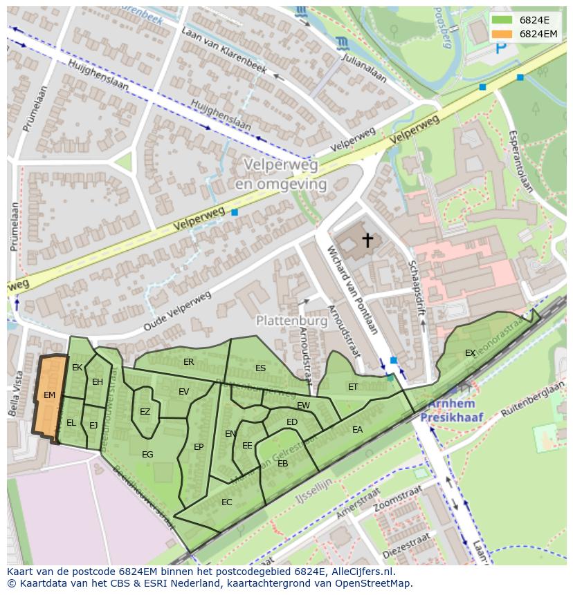 Afbeelding van het postcodegebied 6824 EM op de kaart.