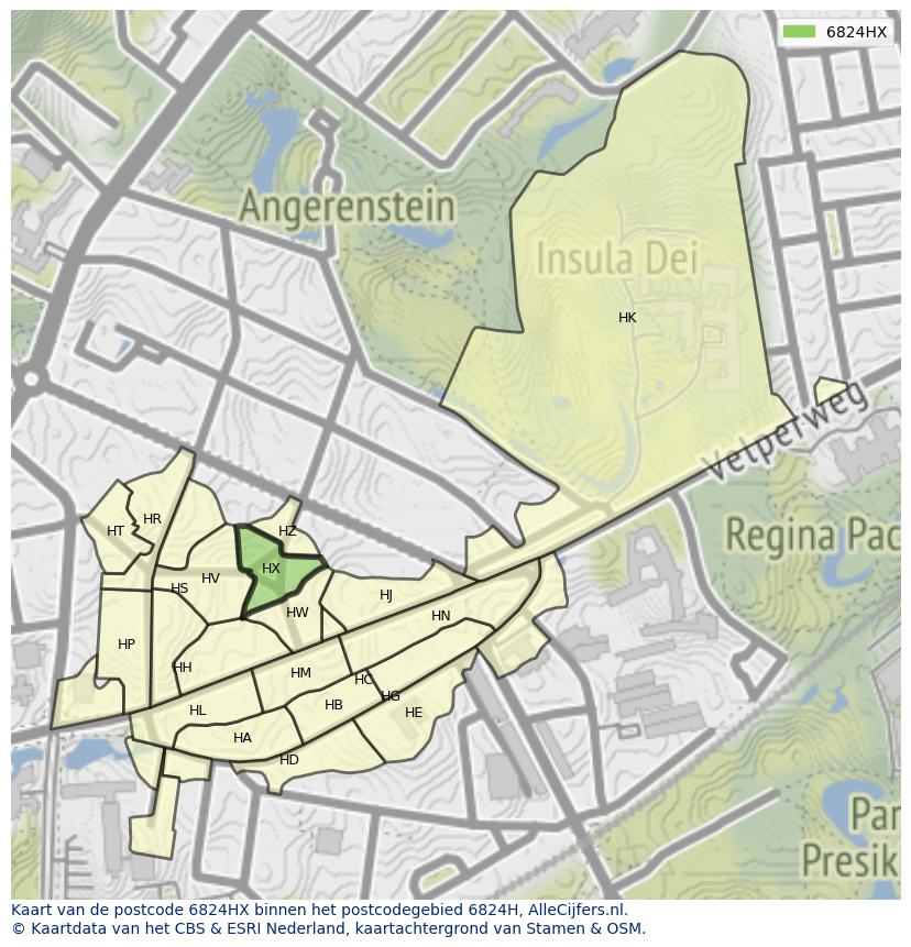 Afbeelding van het postcodegebied 6824 HX op de kaart.