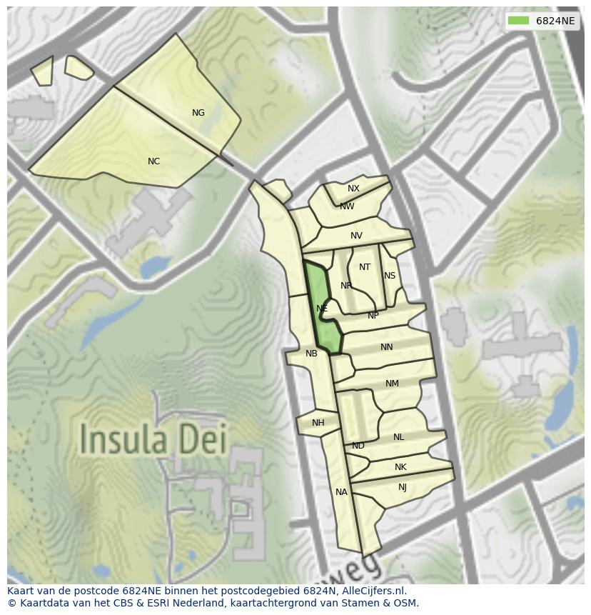 Afbeelding van het postcodegebied 6824 NE op de kaart.