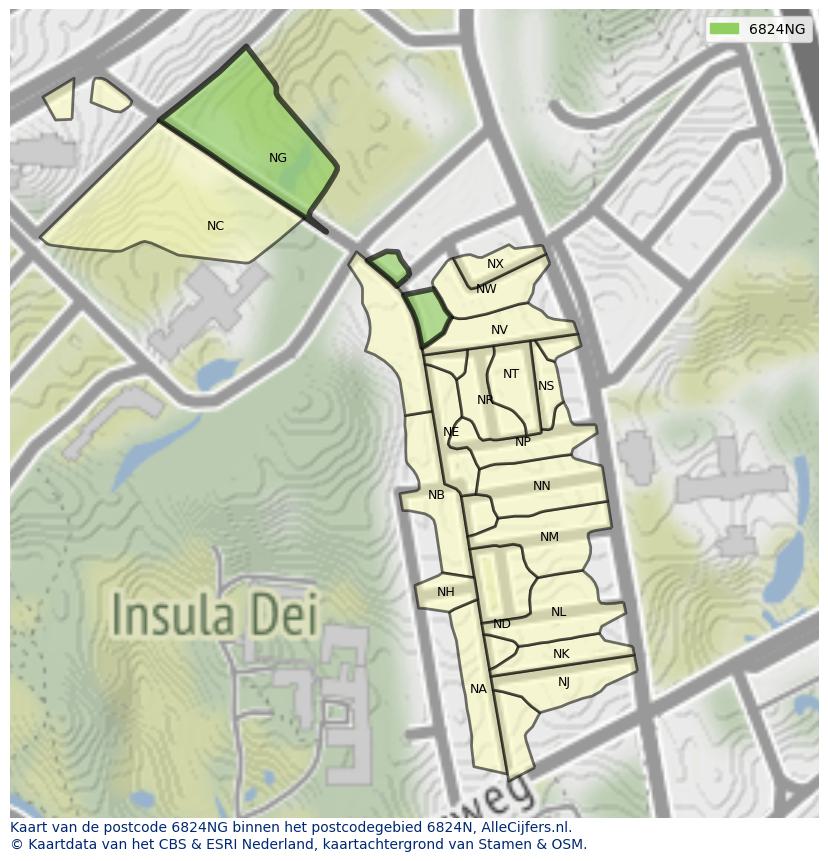 Afbeelding van het postcodegebied 6824 NG op de kaart.