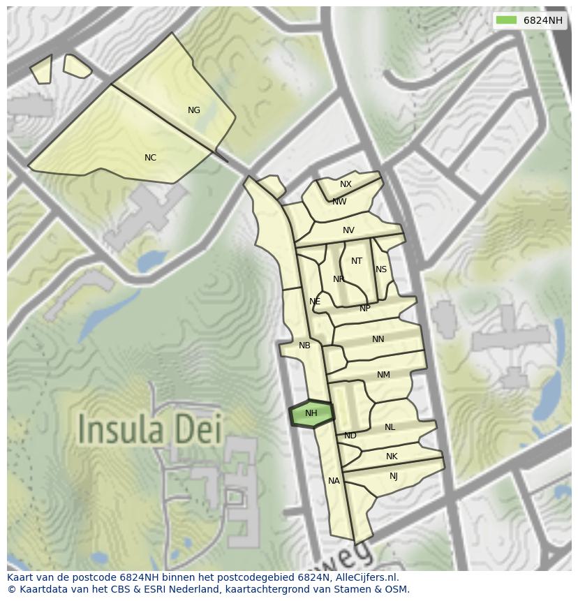 Afbeelding van het postcodegebied 6824 NH op de kaart.