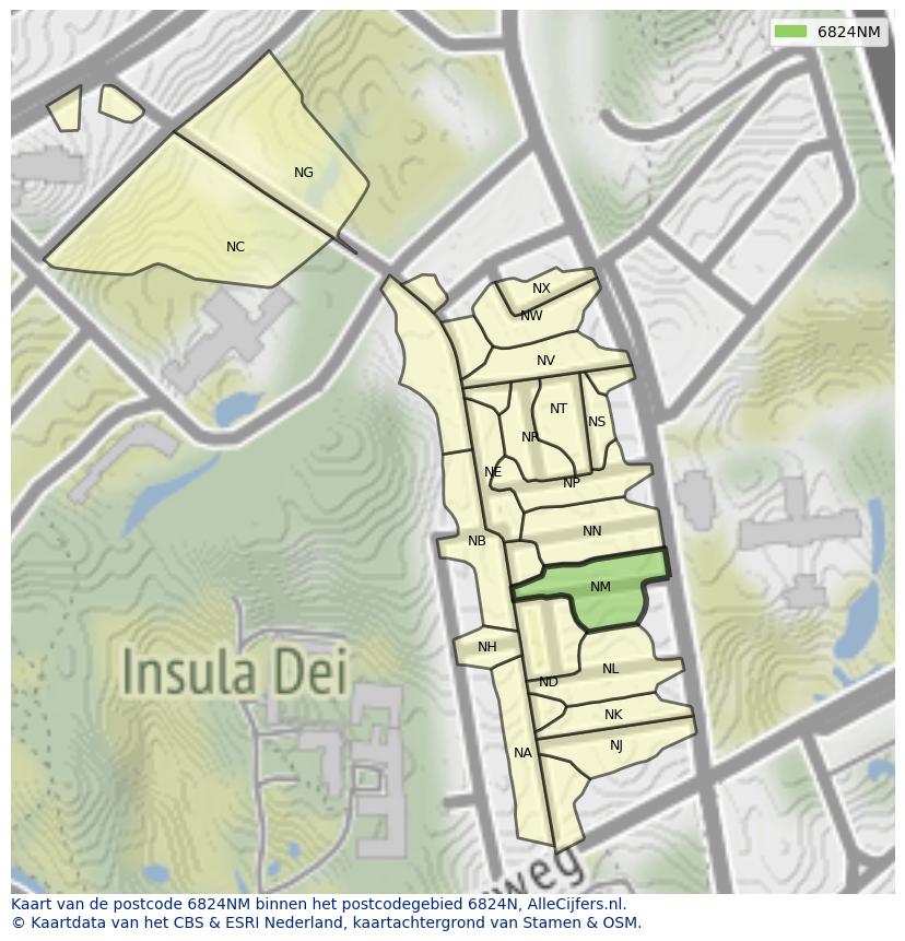 Afbeelding van het postcodegebied 6824 NM op de kaart.