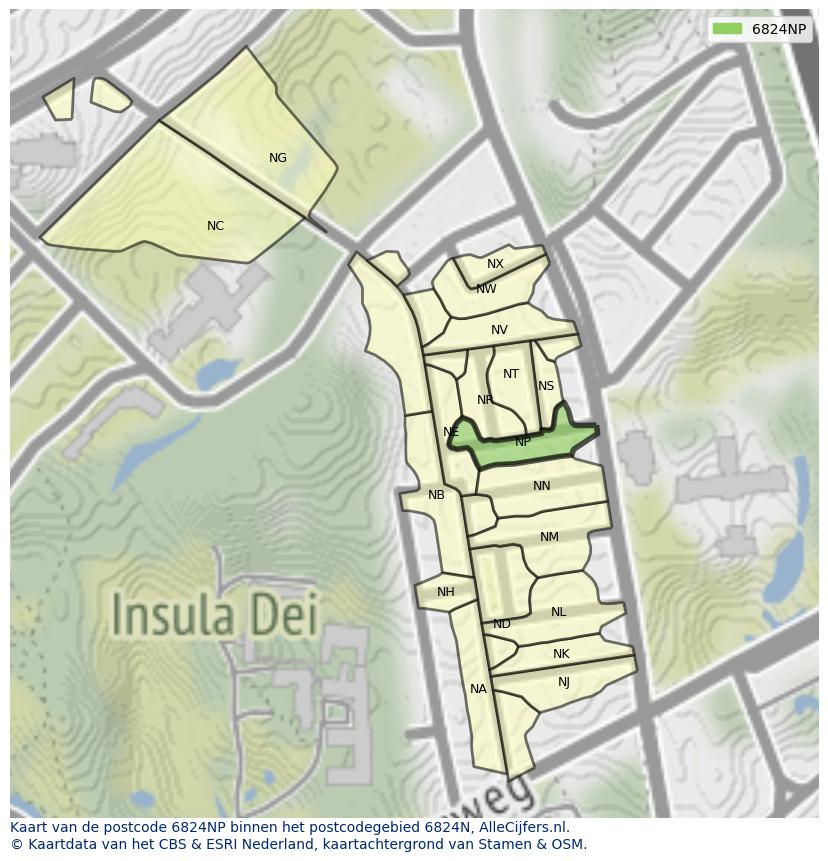 Afbeelding van het postcodegebied 6824 NP op de kaart.
