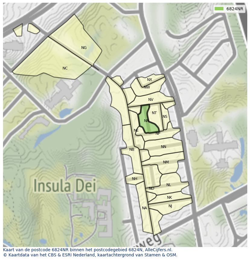 Afbeelding van het postcodegebied 6824 NR op de kaart.