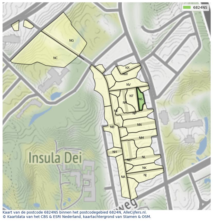Afbeelding van het postcodegebied 6824 NS op de kaart.