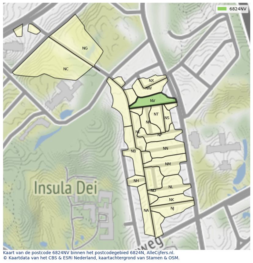 Afbeelding van het postcodegebied 6824 NV op de kaart.