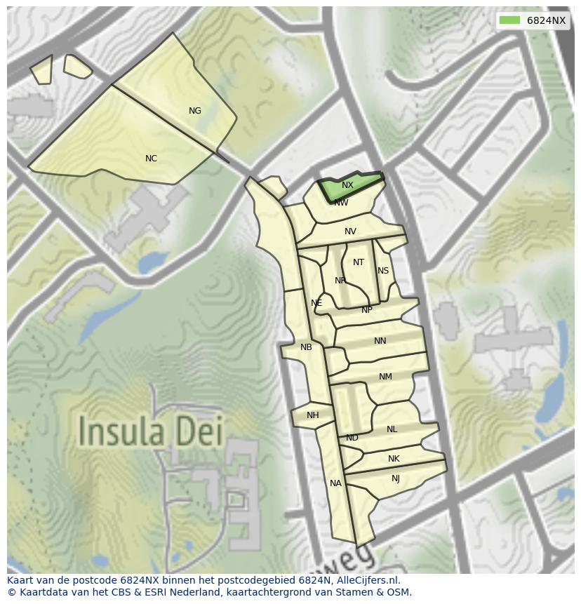 Afbeelding van het postcodegebied 6824 NX op de kaart.