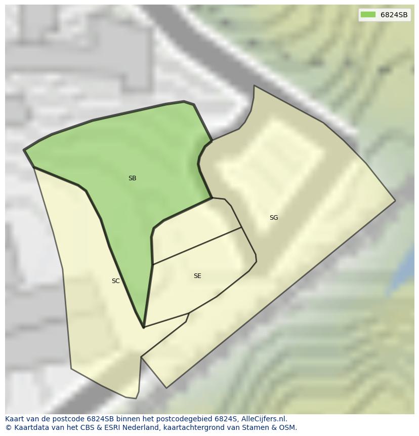 Afbeelding van het postcodegebied 6824 SB op de kaart.
