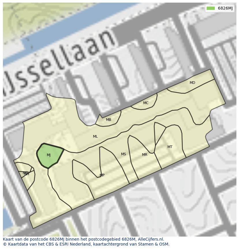 Afbeelding van het postcodegebied 6826 MJ op de kaart.