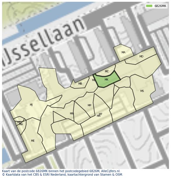 Afbeelding van het postcodegebied 6826 MK op de kaart.