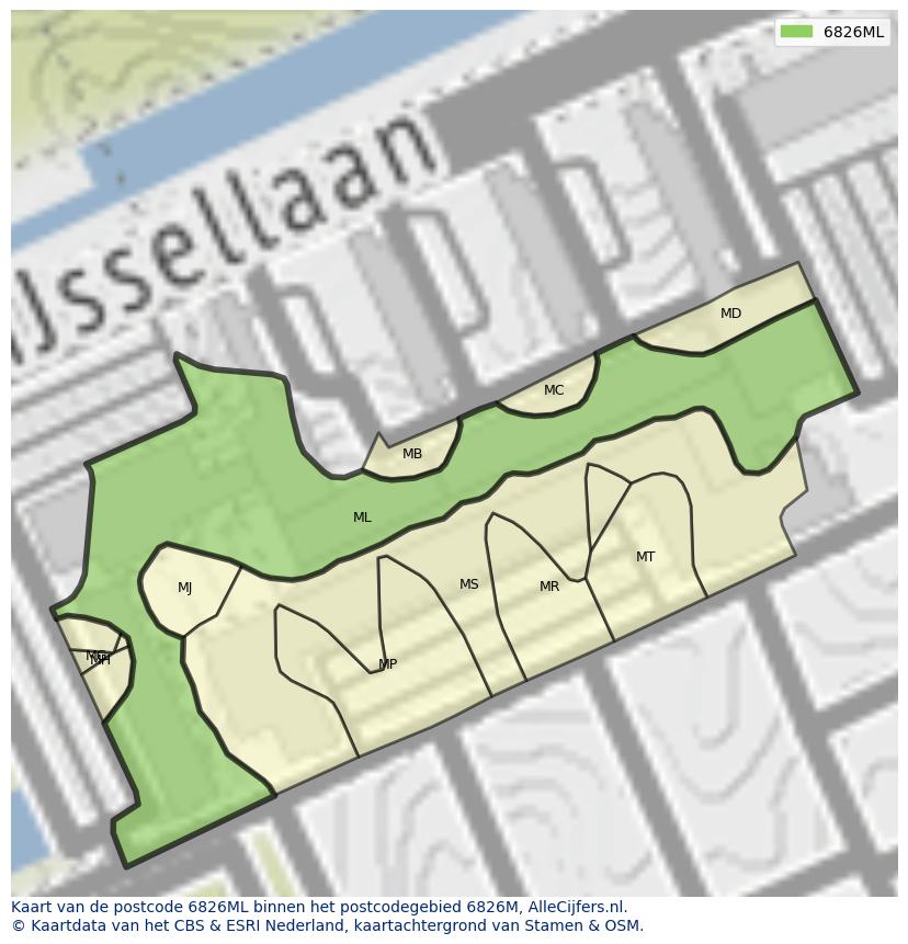 Afbeelding van het postcodegebied 6826 ML op de kaart.