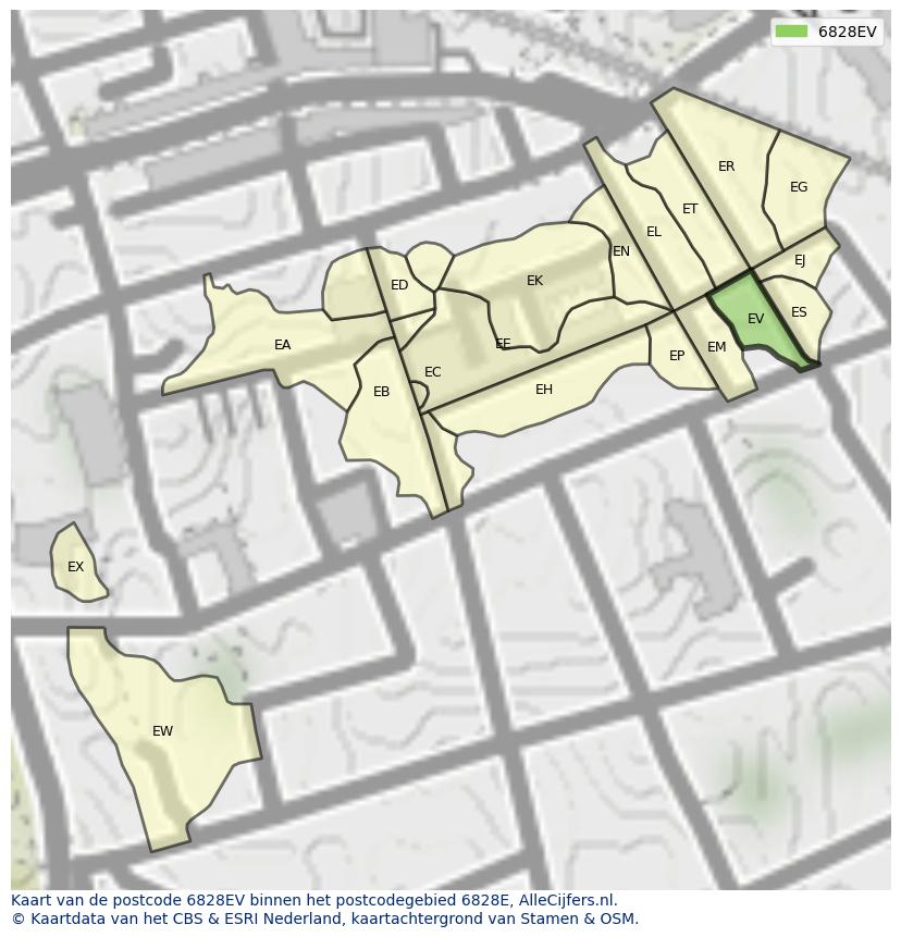 Afbeelding van het postcodegebied 6828 EV op de kaart.