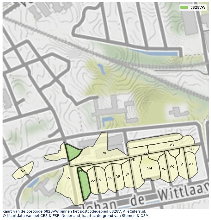 Afbeelding van het postcodegebied 6828 VW op de kaart.