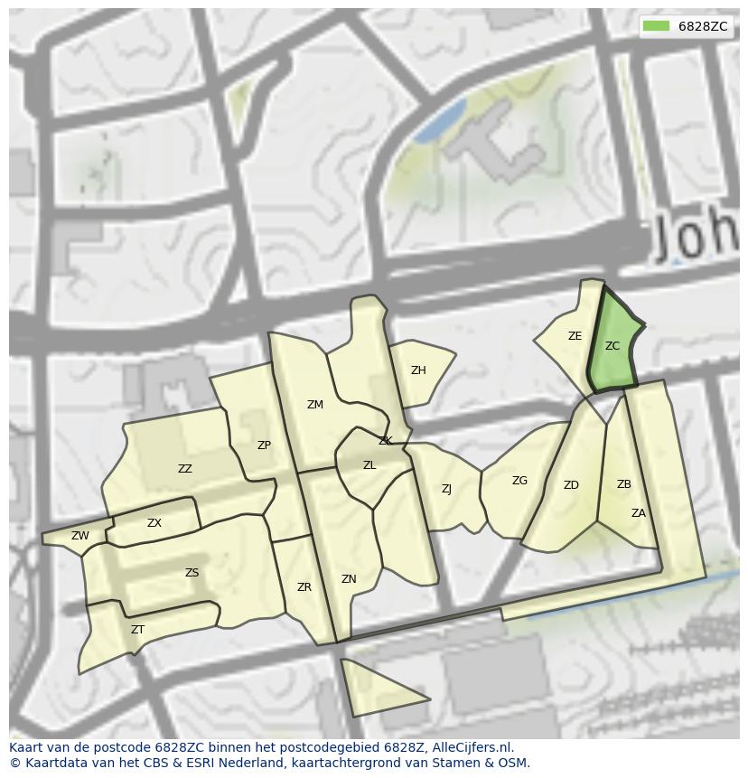 Afbeelding van het postcodegebied 6828 ZC op de kaart.