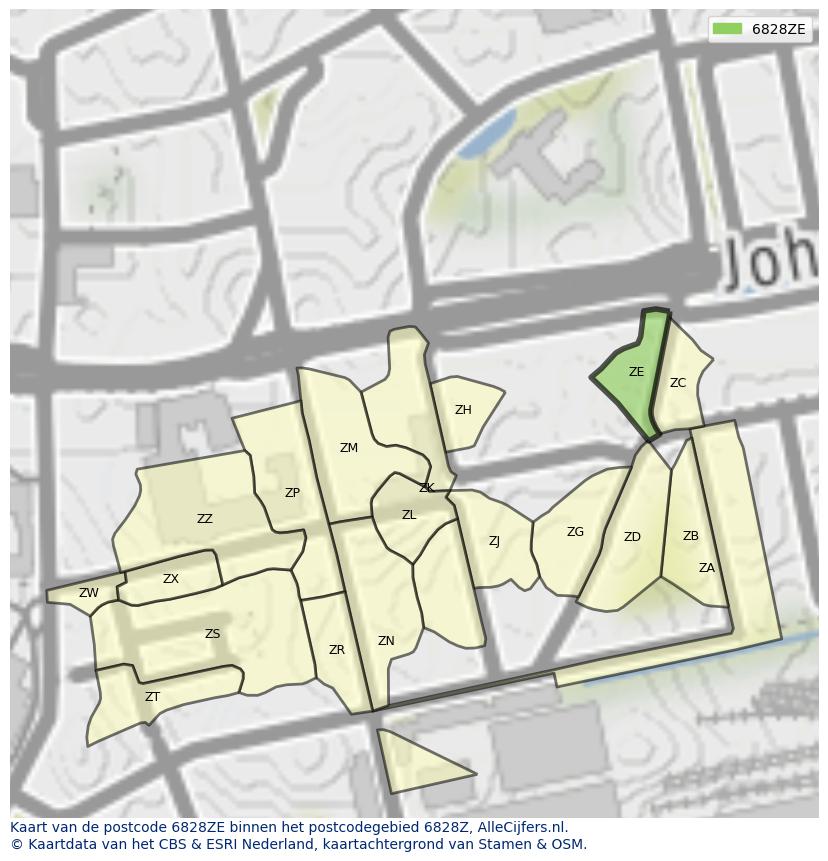 Afbeelding van het postcodegebied 6828 ZE op de kaart.