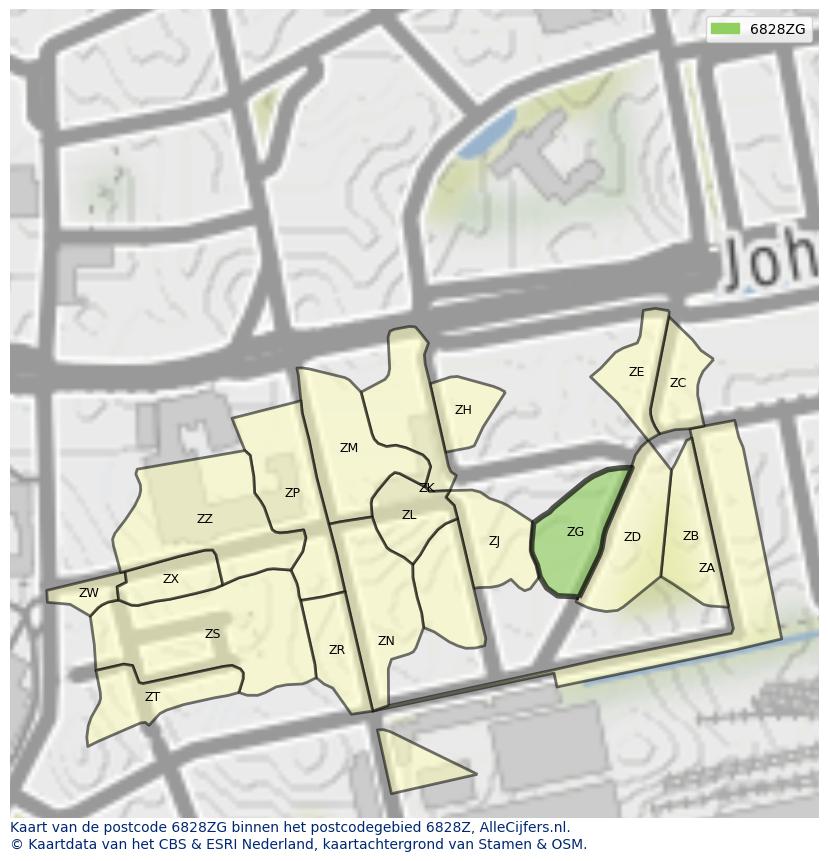 Afbeelding van het postcodegebied 6828 ZG op de kaart.