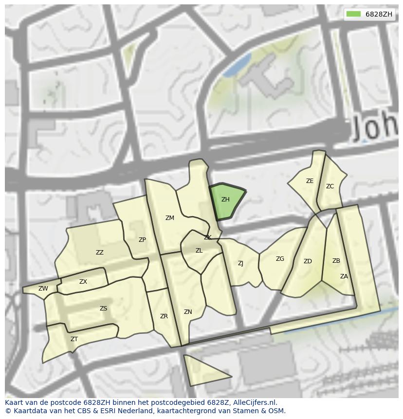 Afbeelding van het postcodegebied 6828 ZH op de kaart.