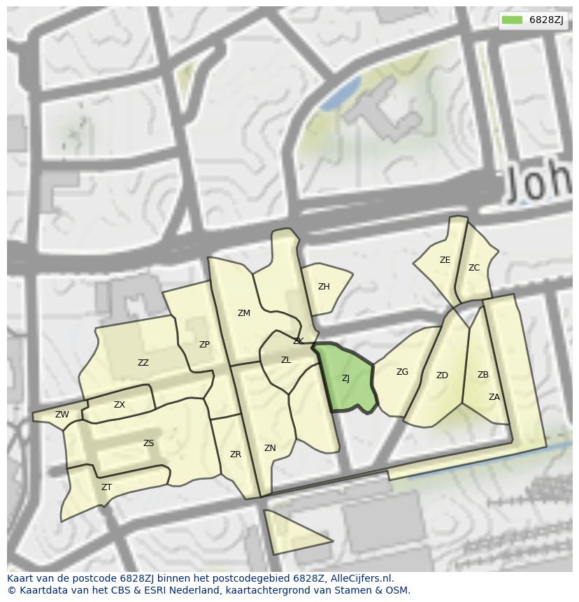 Afbeelding van het postcodegebied 6828 ZJ op de kaart.