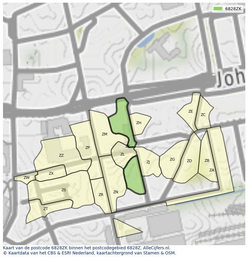 Afbeelding van het postcodegebied 6828 ZK op de kaart.