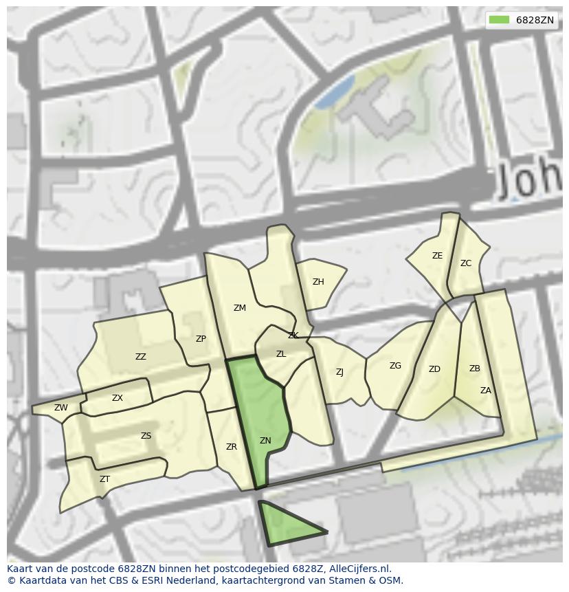 Afbeelding van het postcodegebied 6828 ZN op de kaart.