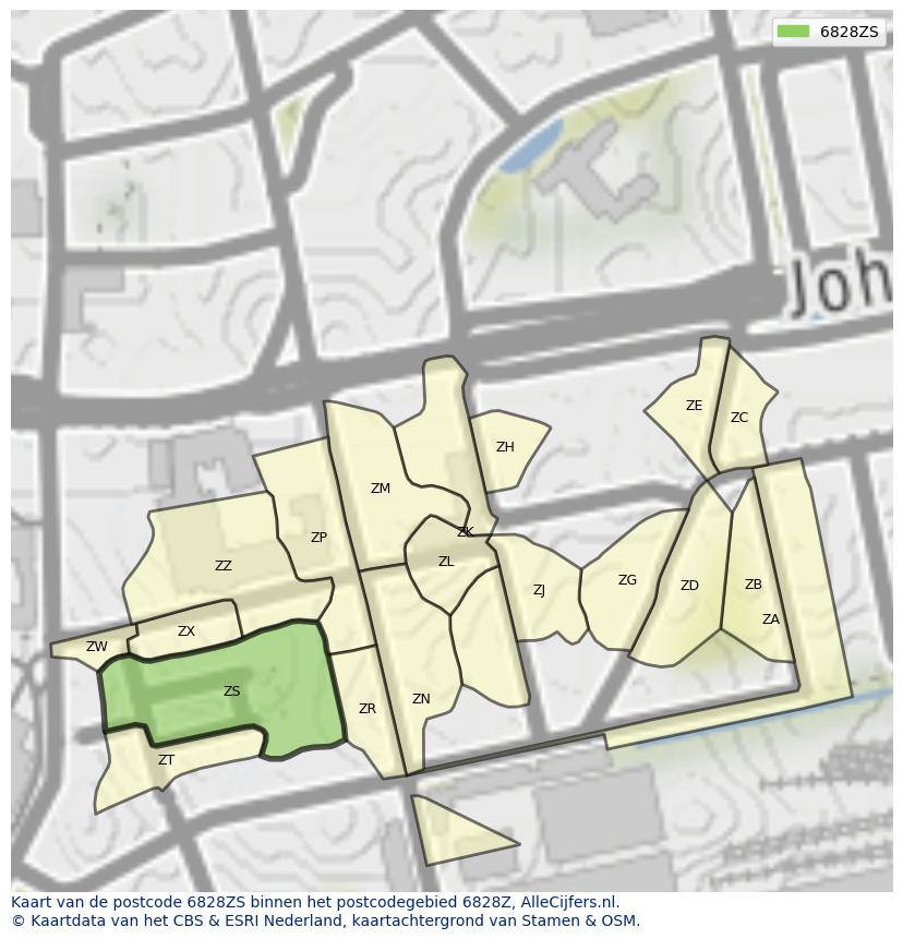 Afbeelding van het postcodegebied 6828 ZS op de kaart.